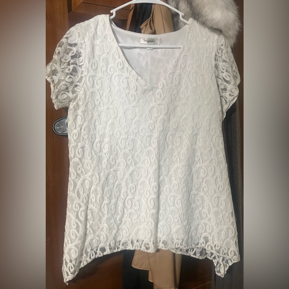 Dressbarn White Lace V-Neck Short Sleeve Blouse